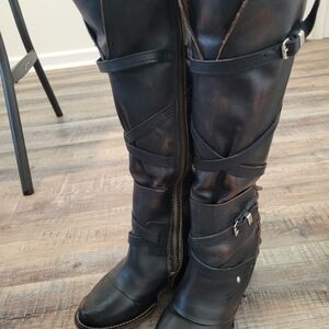 Freebird by Steven - Cassius Knee High Buckle Lace Up Back Distressed Boots